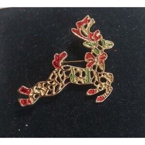 Vintage Christmas reindeer red and green goldtone enamel pin